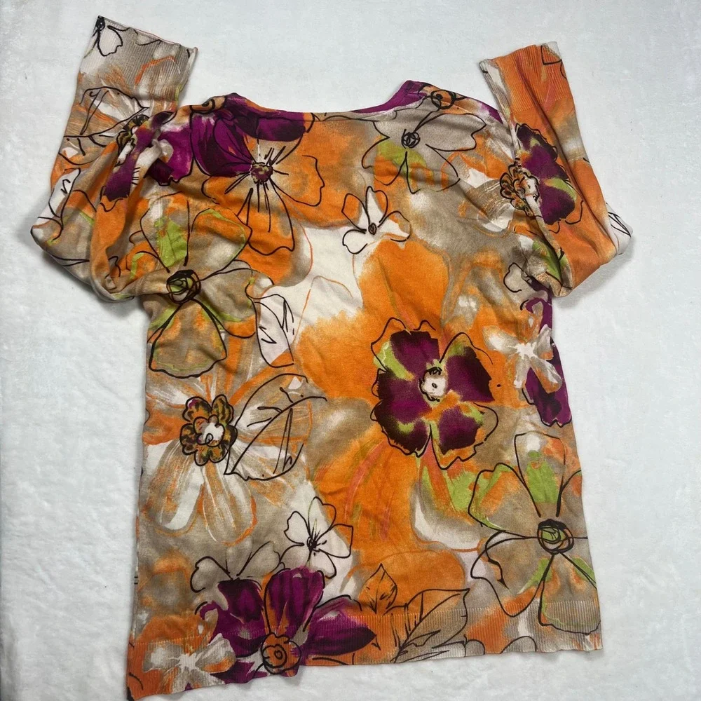 Chico's Silk Blend Floral V-Neck Sweater Colorful Size 2 Large Art to Wear Boho